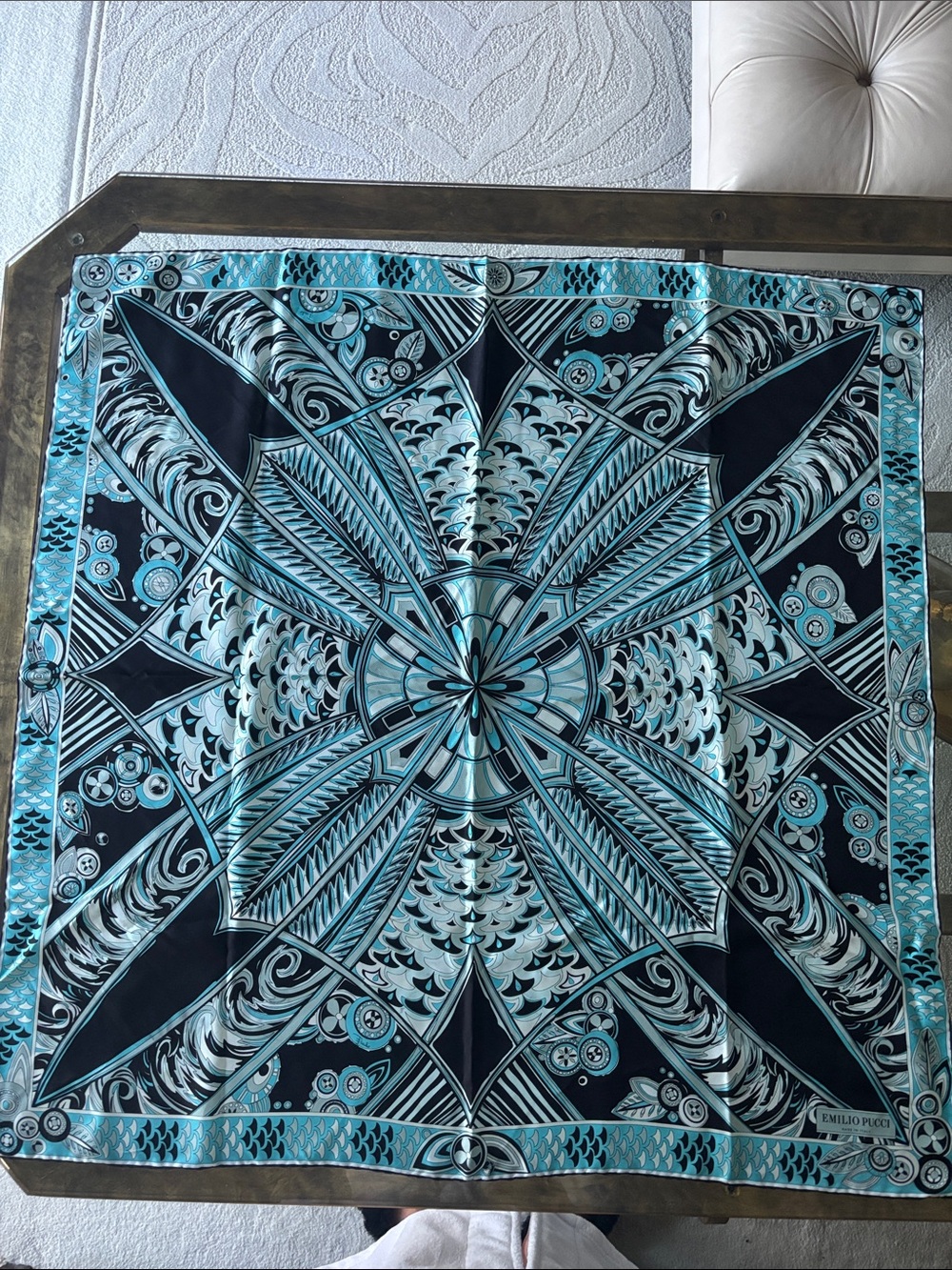 Emilio Pucci Turquoise and Black Medallion Silk Scarf